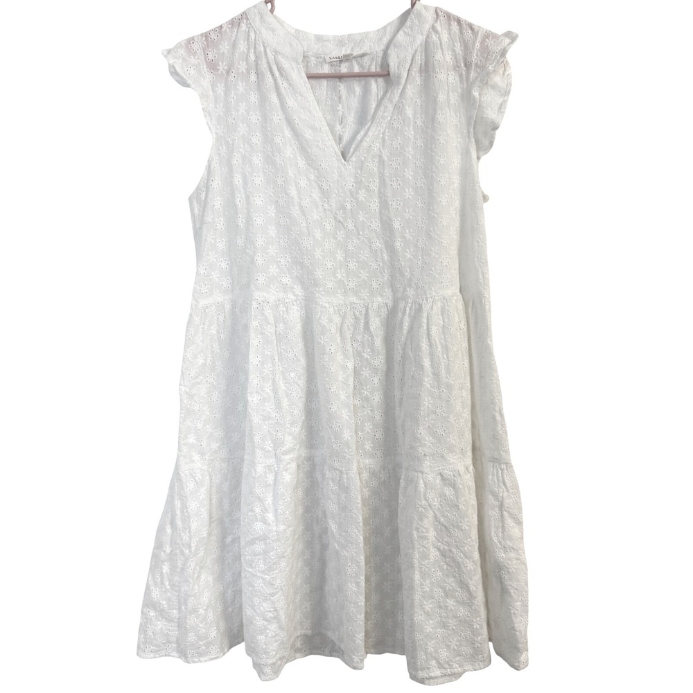 Anthropologie Label of Love Eyelet Dress Tiered V Neck Sleeveless White Dress M